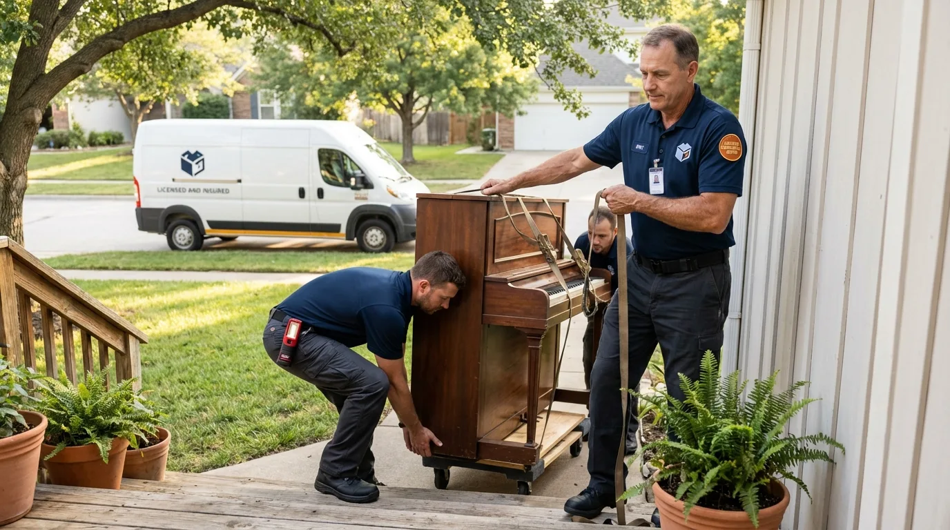 Licensed piano movers securing grand piano in London, OH