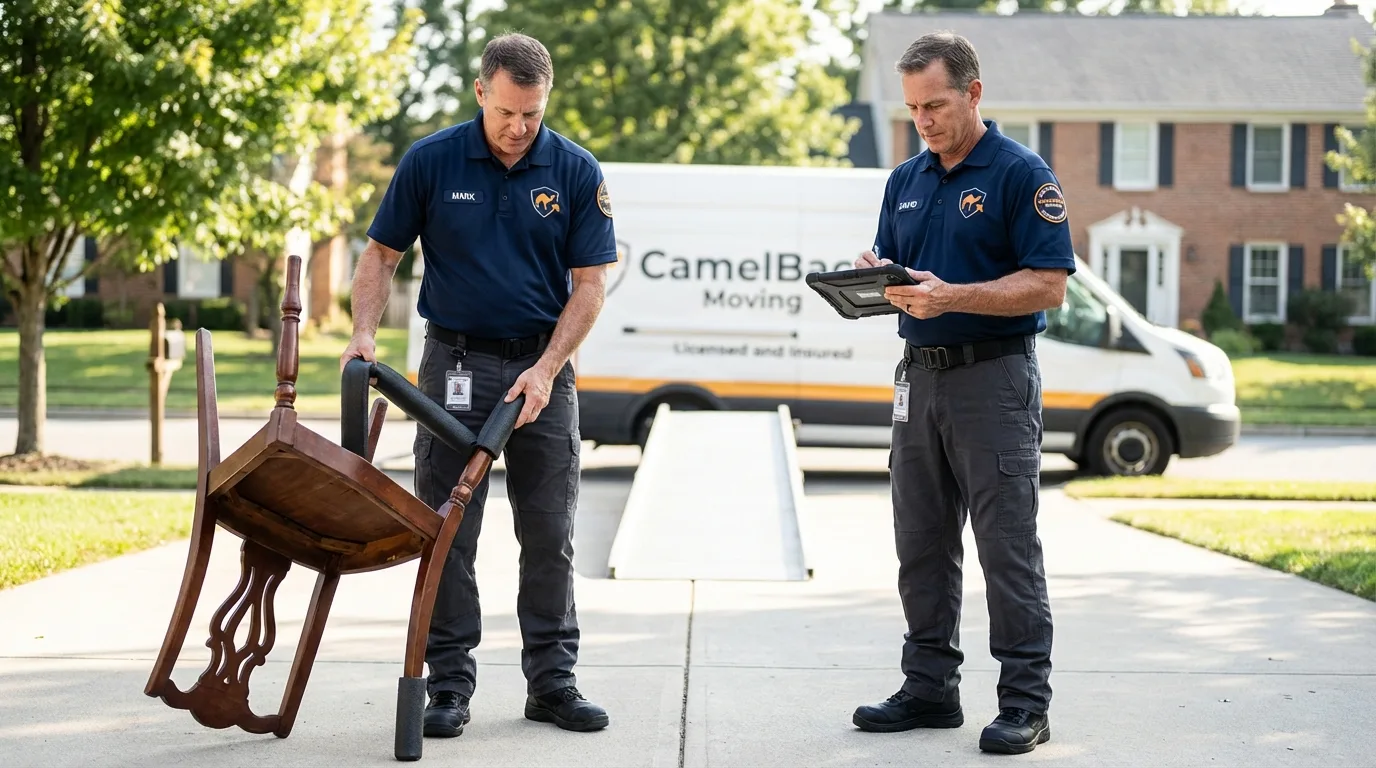 Movers inspecting furniture for damage prevention before loading in London, OH
