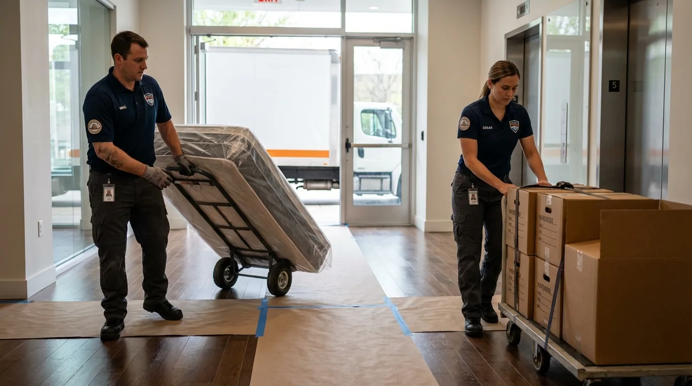 Professional apartment movers loading elevator in London, OH