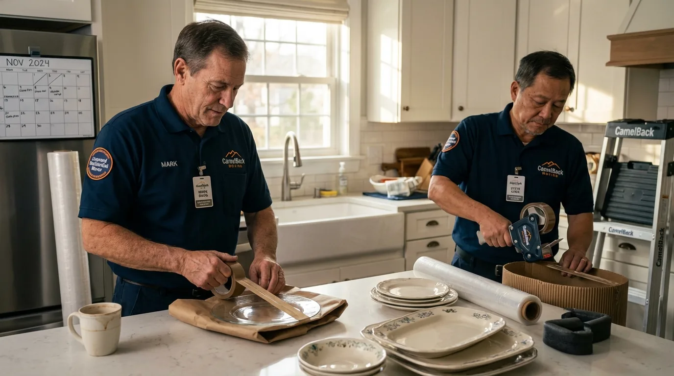Professional crew packing kitchen dishware in London, OH